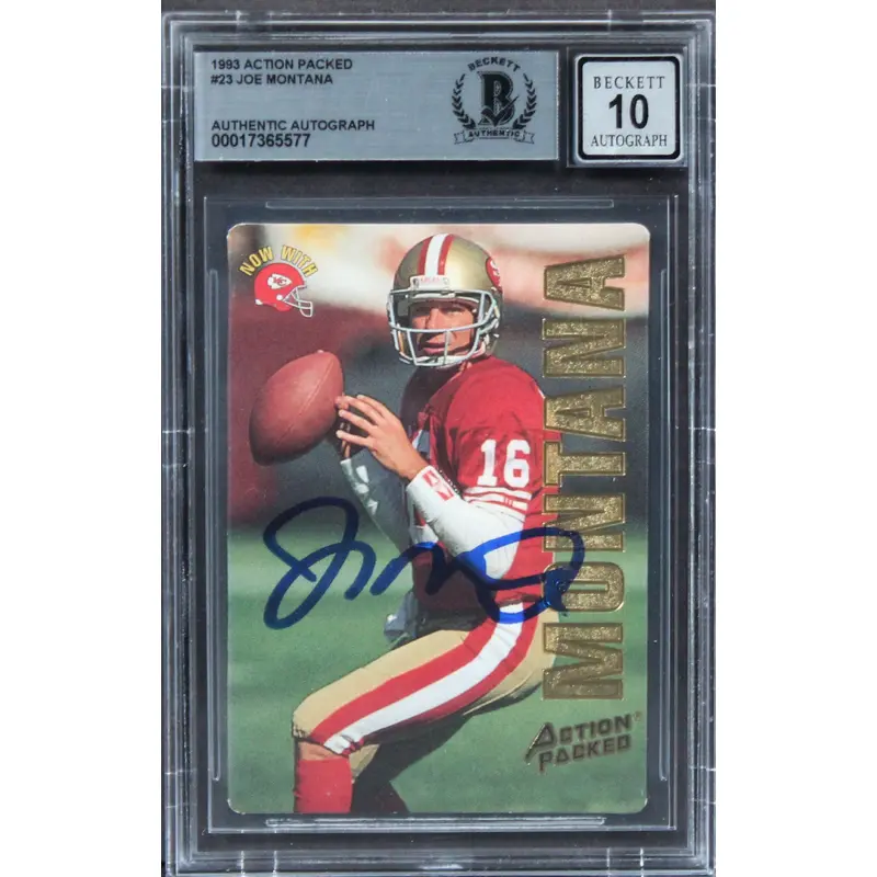 49ers Joe Montana Signed 1993 Action Packed #23 Card Auto Graded 10! BAS Slabbed