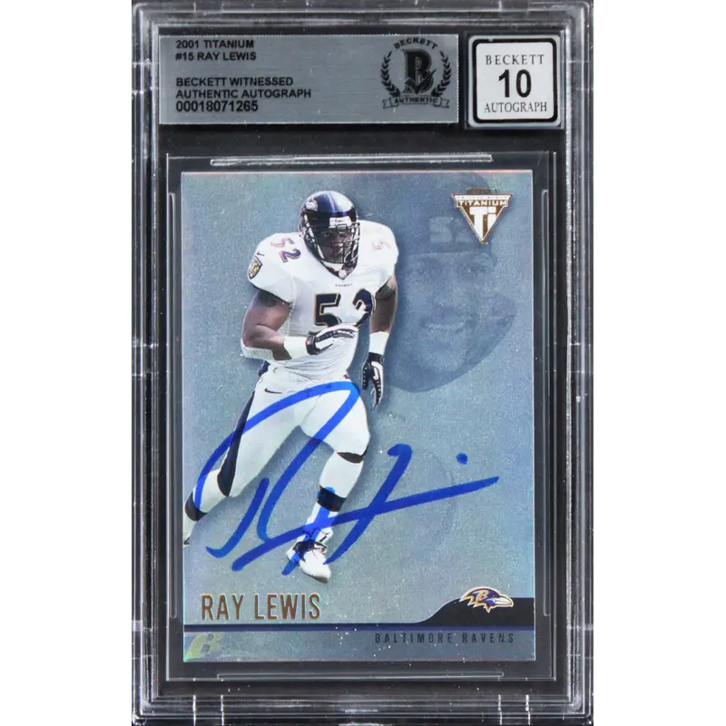 Ravens Ray Lewis Signed 2001 Titanium #15 Card Auto Graded Mint 10! BAS Slabbed