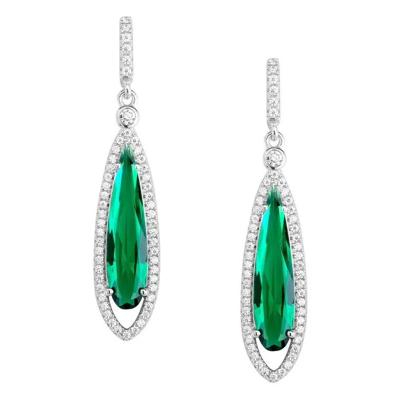 Sterling Silver Long Teardrop Dark Green CZ with Clear CZ Border Earrings