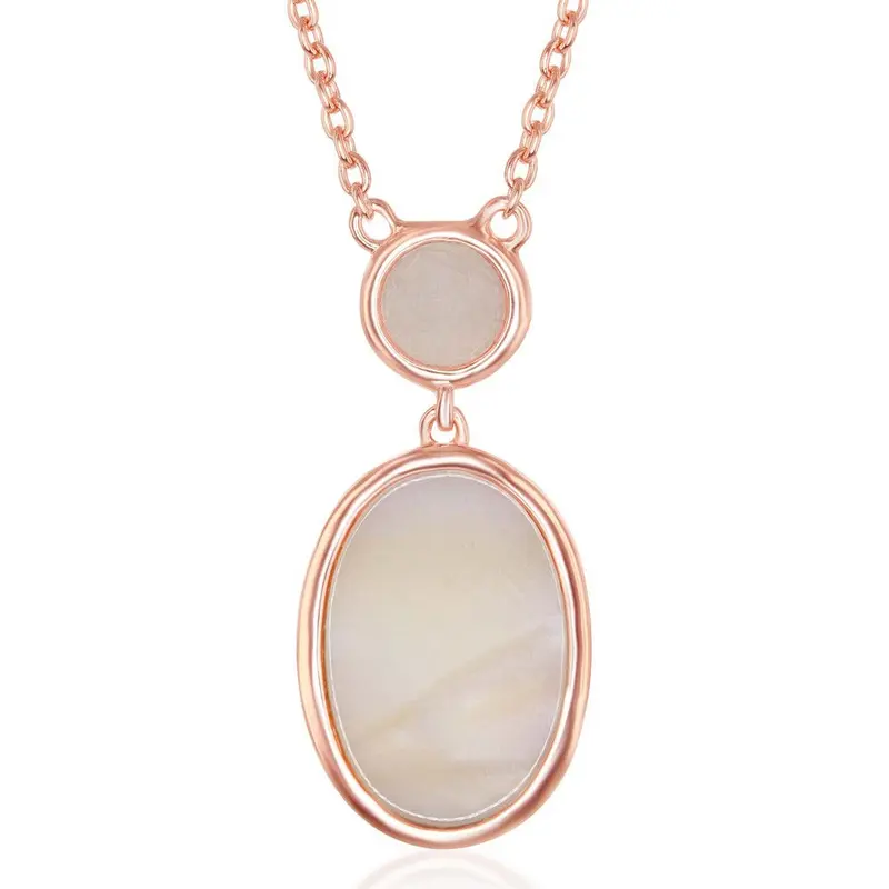 Sterling Silver Rose Quartz and Oval Pink Mother of Pearl Necklace -  Rose Gold Plated
