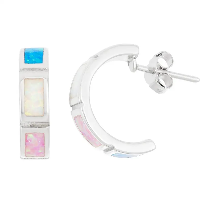 Sterling Silver White, Pink, and Blue Inlay Opal Half Hoop Earrings