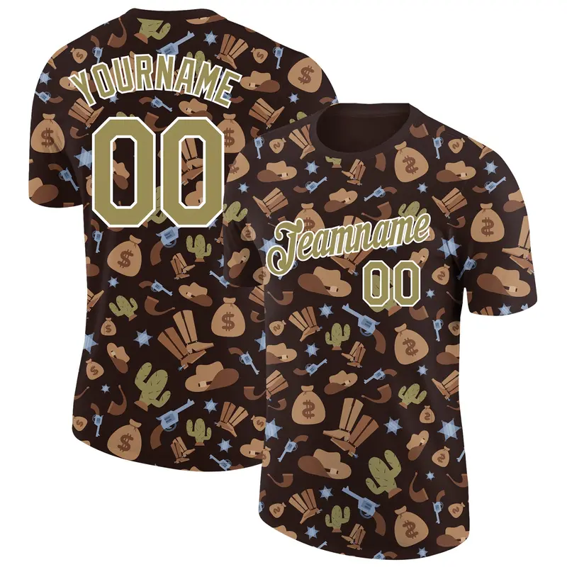 Custom Brown Vegas Gold-White 3D Pattern Design Cowboy Accessory Performance T-Shirt