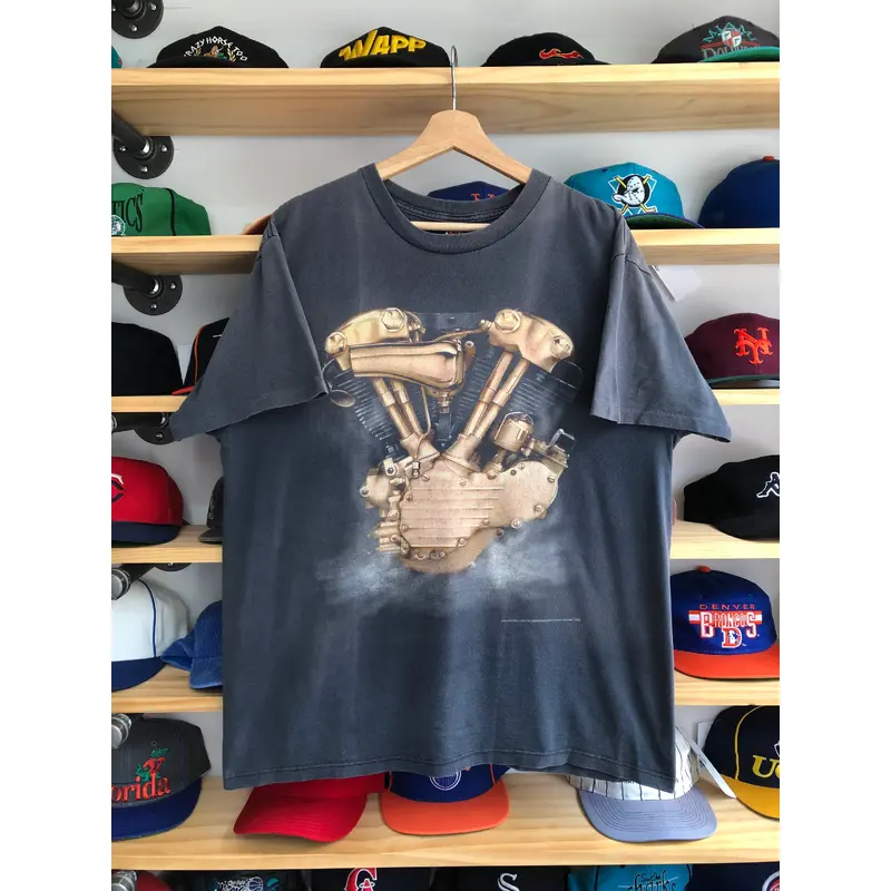 Vintage 3D Emblem Harley Engine Faded Tee Size Large