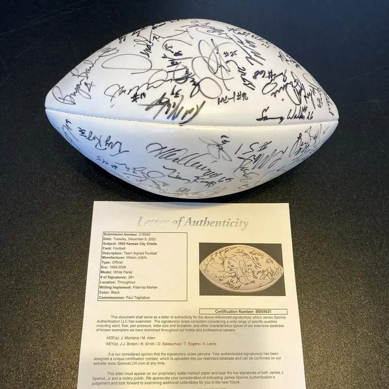 1993 Kansas City Chiefs Team Signed Football Joe Montana Marcus Allen JSA COA