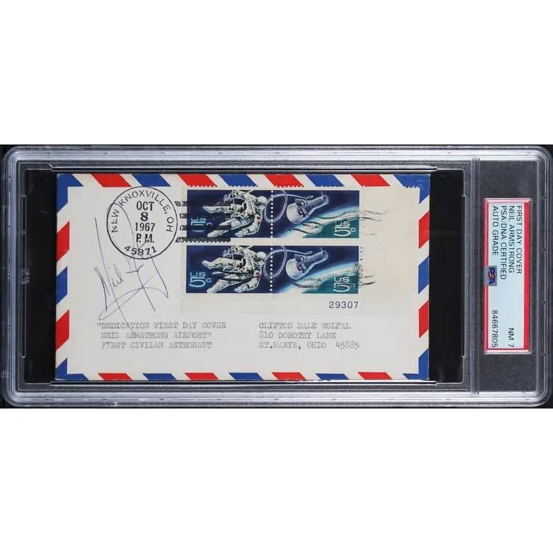Neil Armstrong Apollo 11 Signed 1967 First Day Cover Envelope Auto 7 PSA Slabbed