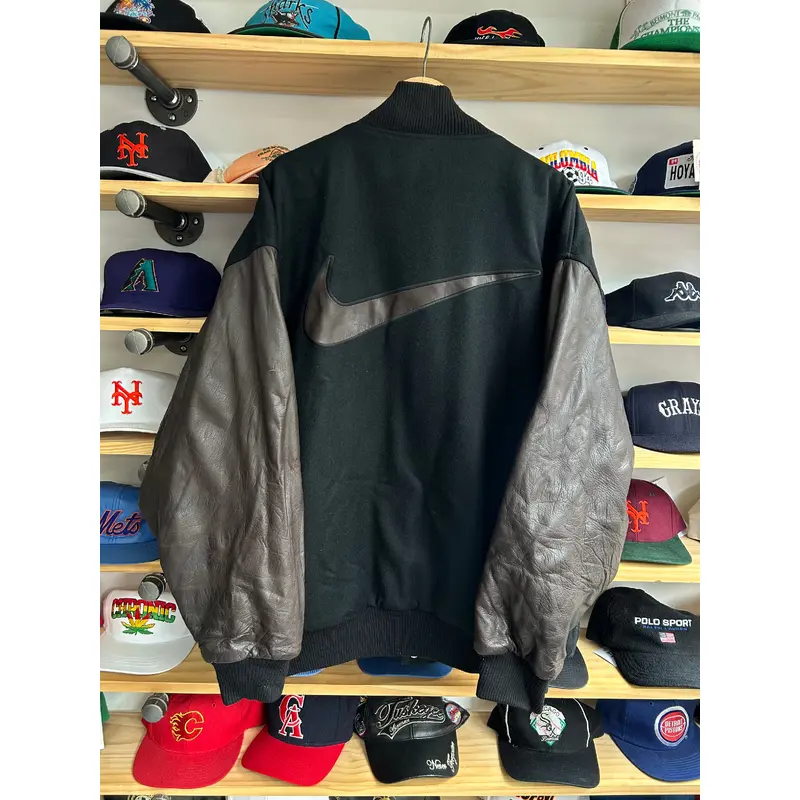 Vintage 90s Nike Wool / Leather Black Brown Swoosh Varsity Jacket XL