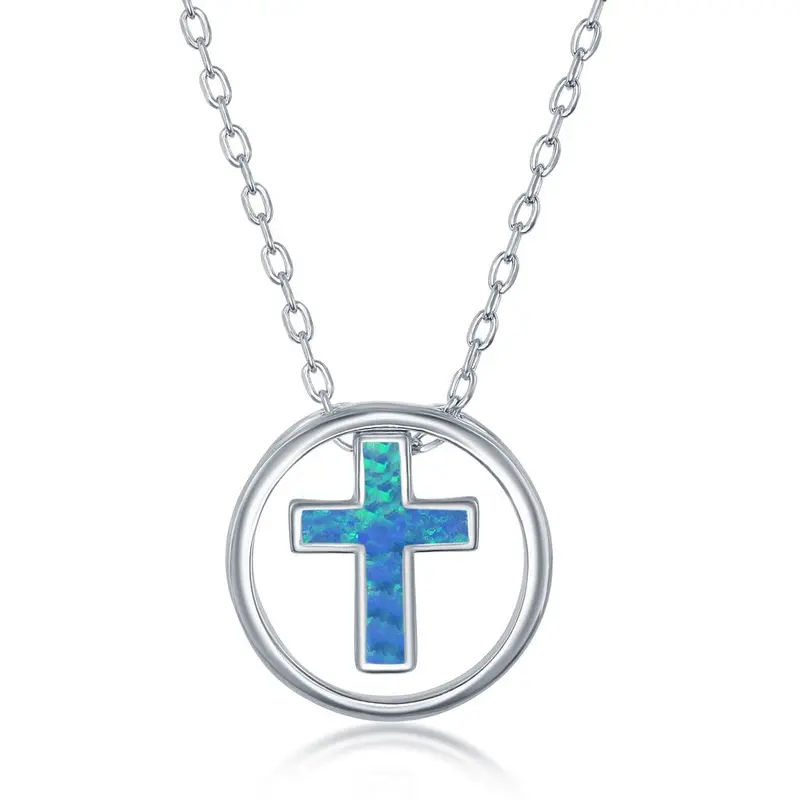 Sterling Silver, Blue Inlay Opal Cross Necklace