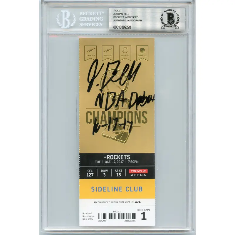 Jordan Bell signed Oracle Ticket BAS Beckett Warriors Autographed slabbed Debut
