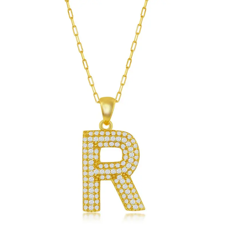 Sterling Silver Micro Pave CZ  'R'  Block Initial w/ Paperclip Chain - Gold Plated
