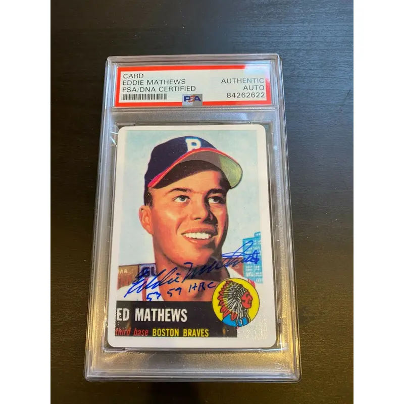 1953 Topps Eddie Mathews RC Signed Porcelain Baseball Card PSA DNA 1953 59 HR's