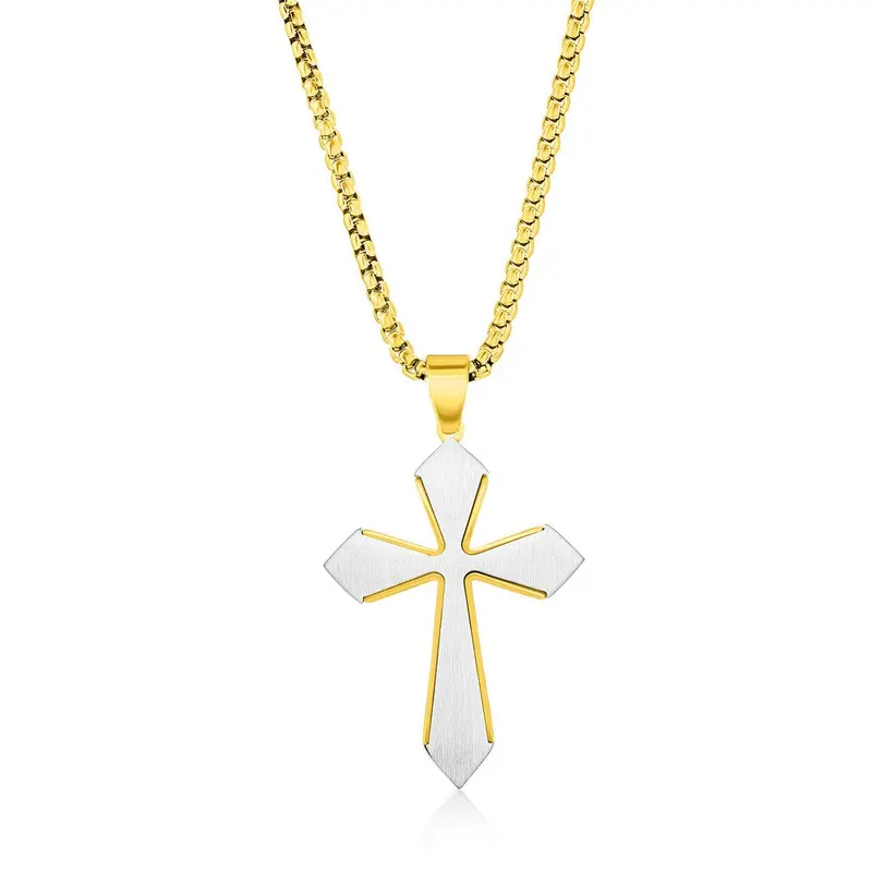 Stainless Steel Brushed Cross Necklace - Gold Plated