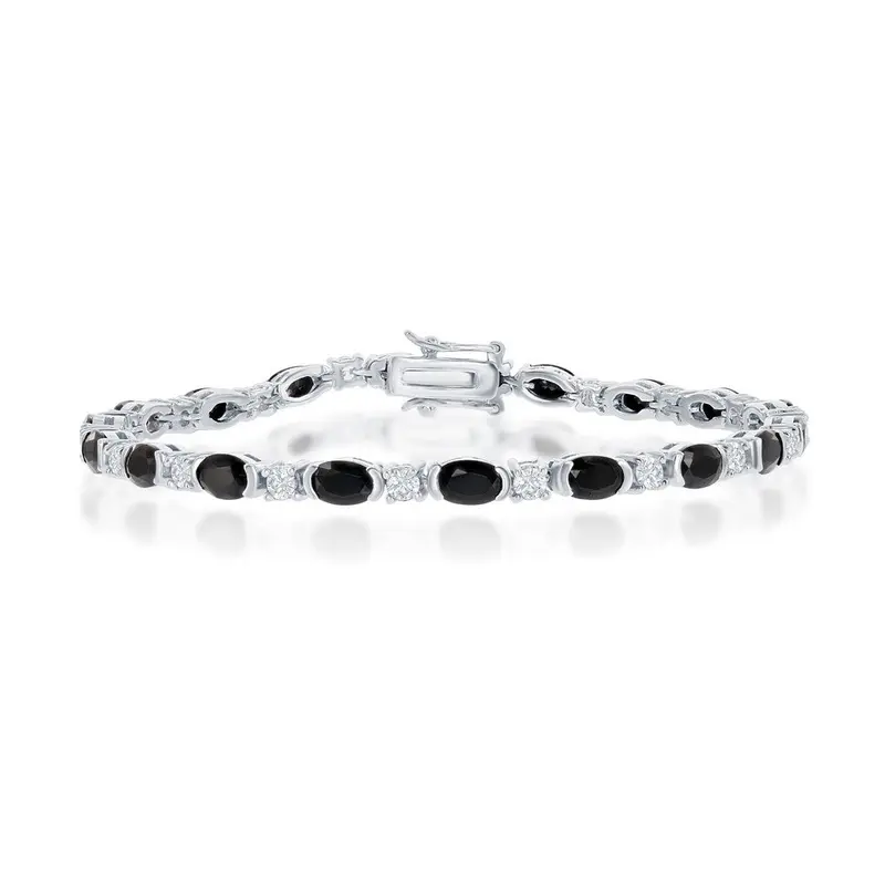Sterling Silver Alternating Oval Black Spinel and Round White Topaz Stone Bracelet