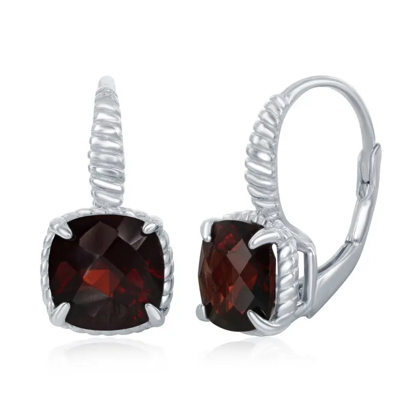 Sterling Silver Four-Prong Square Gem Earring - Garnet
