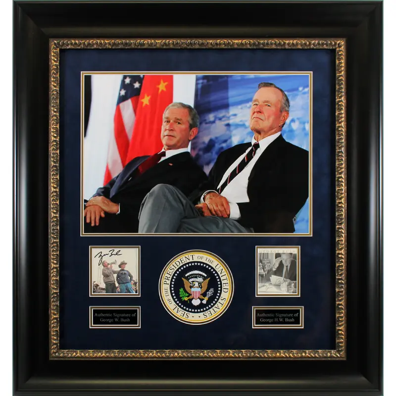 George H.W. Bush & George W. Bush Signed Cut Sig Framed Display BAS #AA03683