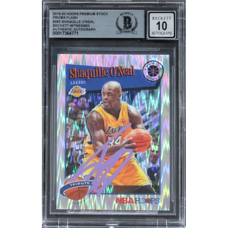 Lakers Shaquille O'Neal Signed 2019 Hoops PS Prizms Flash #283 Auto 10 BAS Slab