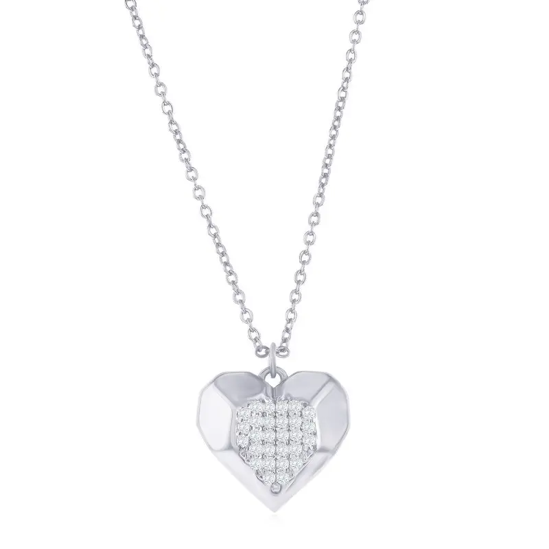 Sterling Silver Center Pave CZ Heart Necklace
