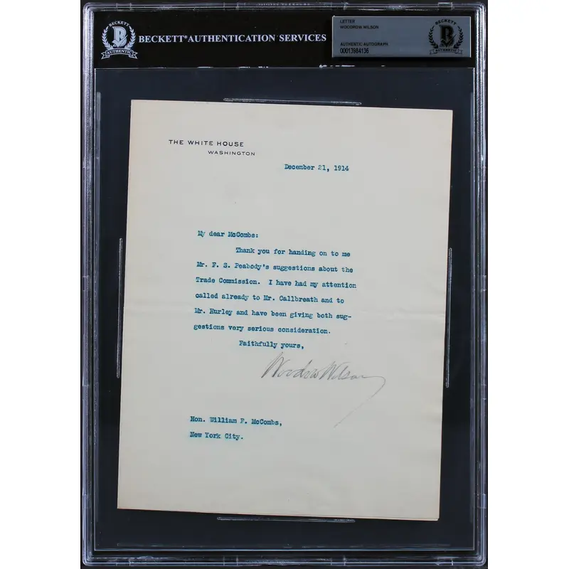 Woodrow Wilson Signed 7x8.75 1914 Letter On White House Letterhead BAS Slab