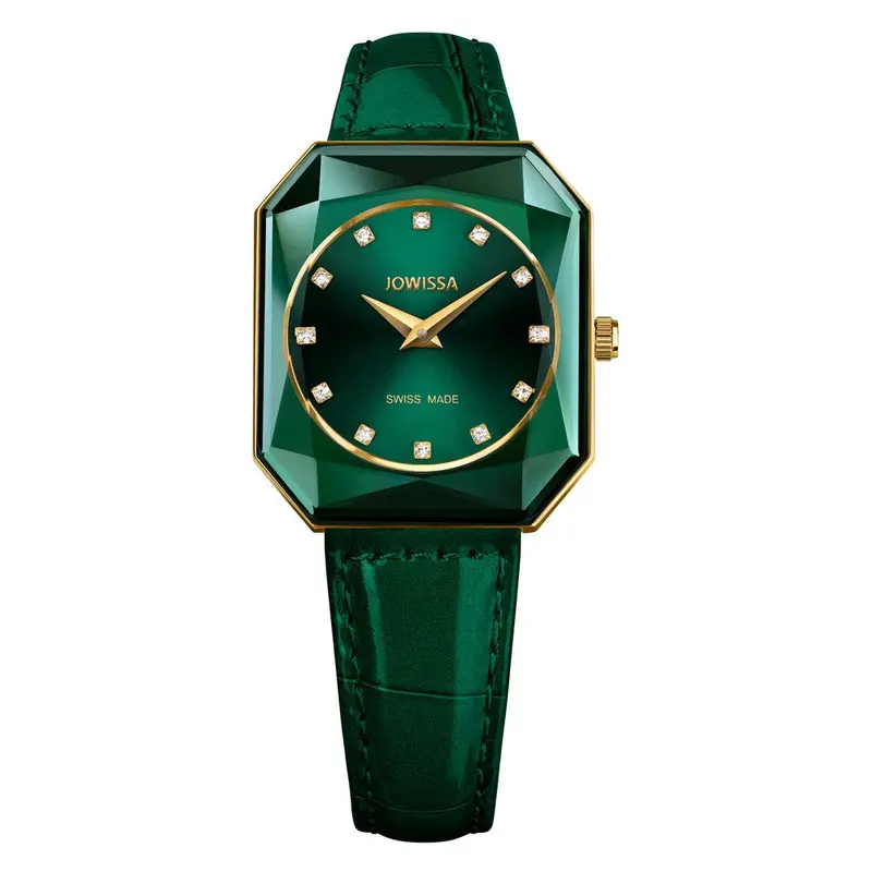 FACET RADIANT, Radiant-Cut, Gold Plated Swiss Quartz Watch, 15mm Band - Green Dial