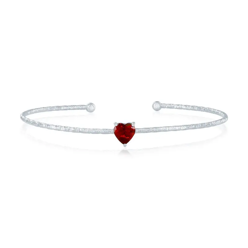 Sterling Silver, 'January' Birthstone CZ Heart Bangle - Garnet